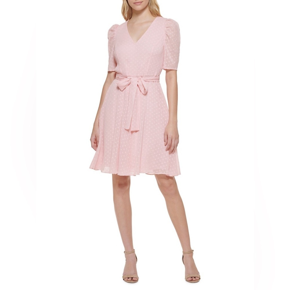 Tommy Hilfiger Textured Fit-&-Flare Puff-Sleeve Dress